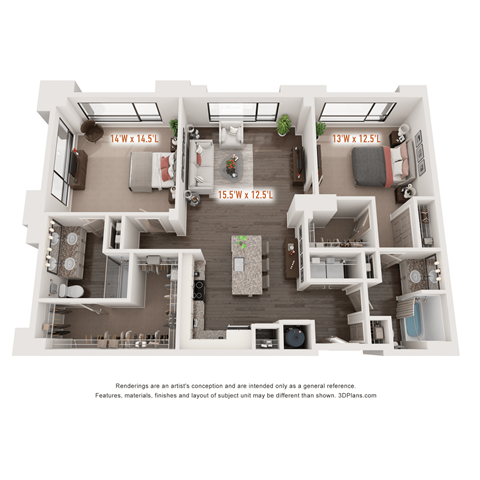 Floor plan for 2 beds, 2 baths, 1306 sqft